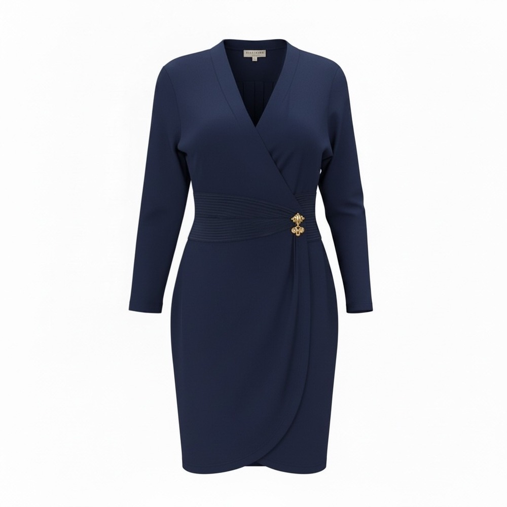 Daymor Petite Wrap Dress 4 Navy Blue Gold Brooch Dolman Sleeve Elegant Formal